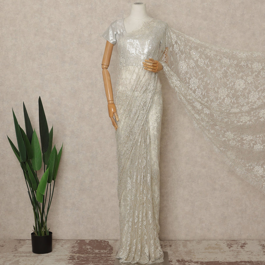 Ivory Off White Outline Metallic French Chantilly Saree Lace With Stone Work Elegant Floral Net Design 5.5 Mtrs Length 110 Cms Width Premium Soft Sheer Fabric France Origin-D28901 Regal Fabrics