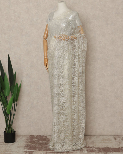 Ivory Off White Outline Metallic French Chantilly Saree Lace With Stone Work Elegant Floral Net Design 5.5 Mtrs Length 110 Cms Width Premium Soft Sheer Fabric France Origin-D28901 Regal Fabrics