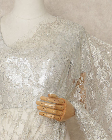 Ivory Off White Outline Metallic French Chantilly Saree Lace With Stone Work Elegant Floral Net Design 5.5 Mtrs Length 110 Cms Width Premium Soft Sheer Fabric France Origin-D28901 Regal Fabrics