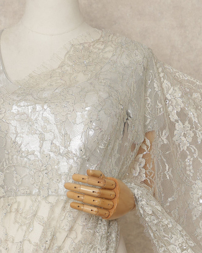 Ivory Off White Outline Metallic French Chantilly Saree Lace With Stone Work Elegant Floral Net Design 5.5 Mtrs Length 110 Cms Width Premium Soft Sheer Fabric France Origin-D28901 Regal Fabrics