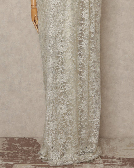 Ivory Off White Outline Metallic French Chantilly Saree Lace With Stone Work Elegant Floral Net Design 5.5 Mtrs Length 110 Cms Width Premium Soft Sheer Fabric France Origin-D28901 Regal Fabrics