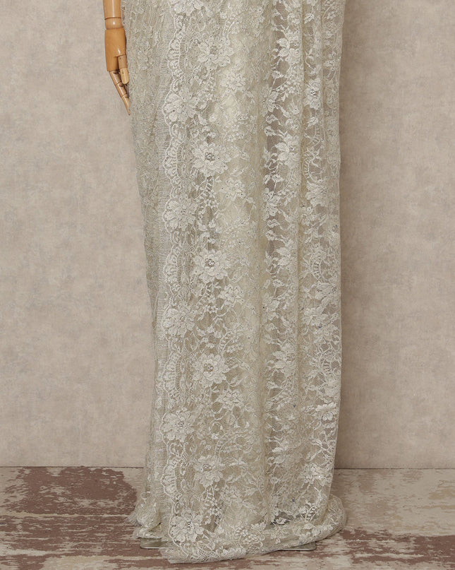 Ivory Off White Outline Metallic French Chantilly Saree Lace With Stone Work Elegant Floral Net Design 5.5 Mtrs Length 110 Cms Width Premium Soft Sheer Fabric France Origin-D28901 Regal Fabrics
