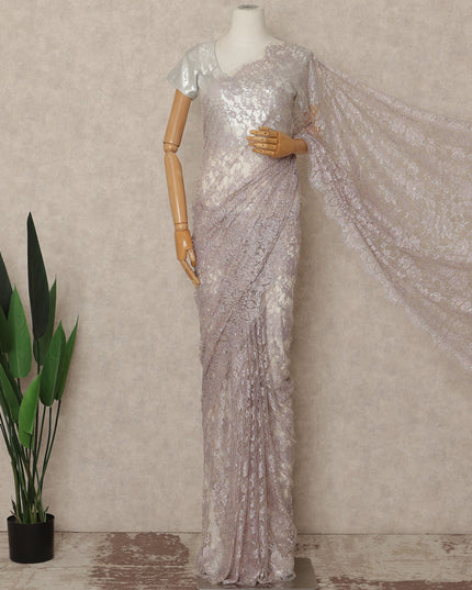 Dusty Mauve Pink Outline Metallic French Chantilly Saree Lace With Stone Work Elegant Floral Net Design 5.5 Mtrs Length 110 Cms Width Premium Soft Sheer Fabric France Origin-D28903 Regal Fabrics