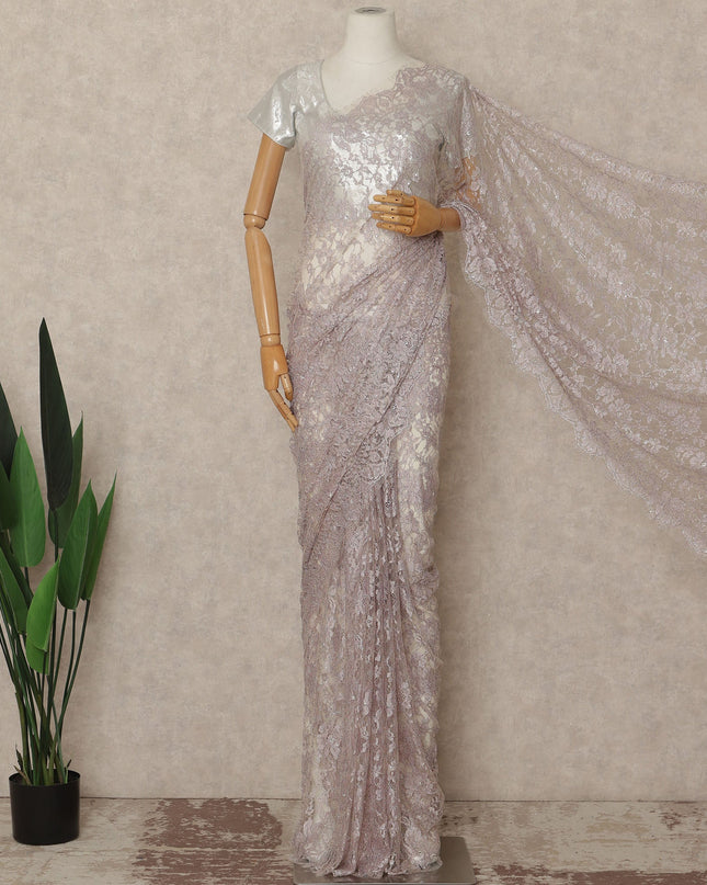 Dusty Mauve Pink Outline Metallic French Chantilly Saree Lace With Stone Work Elegant Floral Net Design 5.5 Mtrs Length 110 Cms Width Premium Soft Sheer Fabric France Origin-D28903 Regal Fabrics