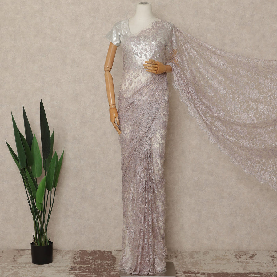Dusty Mauve Pink Outline Metallic French Chantilly Saree Lace With Stone Work Elegant Floral Net Design 5.5 Mtrs Length 110 Cms Width Premium Soft Sheer Fabric France Origin-D28903 Regal Fabrics