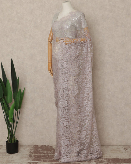 Dusty Mauve Pink Outline Metallic French Chantilly Saree Lace With Stone Work Elegant Floral Net Design 5.5 Mtrs Length 110 Cms Width Premium Soft Sheer Fabric France Origin-D28903 Regal Fabrics