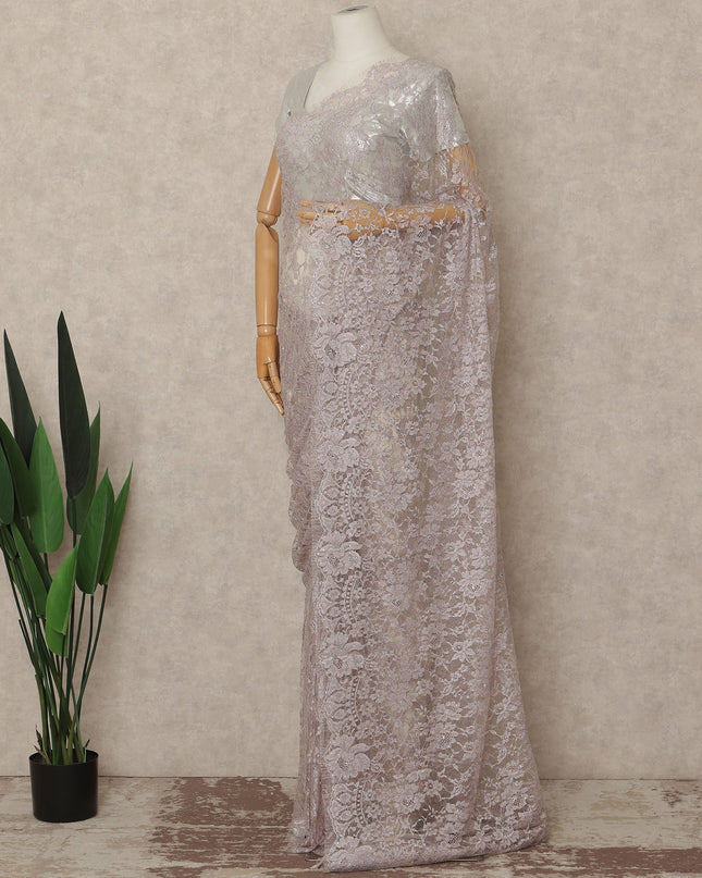 Dusty Mauve Pink Outline Metallic French Chantilly Saree Lace With Stone Work Elegant Floral Net Design 5.5 Mtrs Length 110 Cms Width Premium Soft Sheer Fabric France Origin-D28903 Regal Fabrics