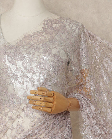 Dusty Mauve Pink Outline Metallic French Chantilly Saree Lace With Stone Work Elegant Floral Net Design 5.5 Mtrs Length 110 Cms Width Premium Soft Sheer Fabric France Origin-D28903 Regal Fabrics