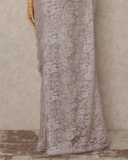 Dusty Mauve Pink Outline Metallic French Chantilly Saree Lace With Stone Work Elegant Floral Net Design 5.5 Mtrs Length 110 Cms Width Premium Soft Sheer Fabric France Origin-D28903 Regal Fabrics