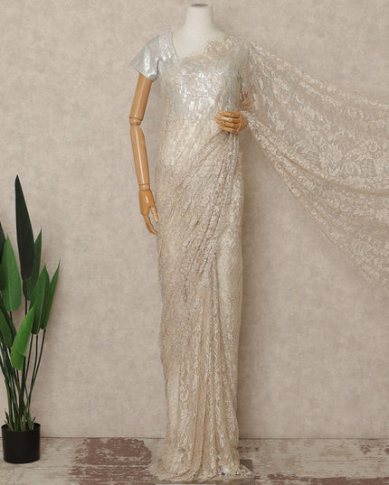 Beige Gold Outline Metallic French Chantilly Saree Lace With Stone Work Elegant Floral Net Design 5.5 Mtrs Length 110 Cms Width Premium Soft Sheer Fabric France Origin-D28902 Regal Fabrics