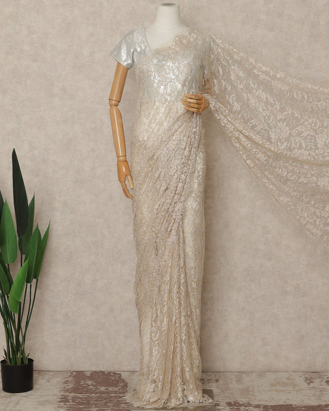 Beige Gold Outline Metallic French Chantilly Saree Lace With Stone Work Elegant Floral Net Design 5.5 Mtrs Length 110 Cms Width Premium Soft Sheer Fabric France Origin-D28902 Regal Fabrics