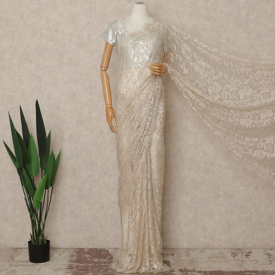 Beige Gold Outline Metallic French Chantilly Saree Lace With Stone Work Elegant Floral Net Design 5.5 Mtrs Length 110 Cms Width Premium Soft Sheer Fabric France Origin-D28902 Regal Fabrics