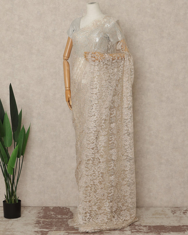 Beige Gold Outline Metallic French Chantilly Saree Lace With Stone Work Elegant Floral Net Design 5.5 Mtrs Length 110 Cms Width Premium Soft Sheer Fabric France Origin-D28902 Regal Fabrics