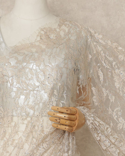 Beige Gold Outline Metallic French Chantilly Saree Lace With Stone Work Elegant Floral Net Design 5.5 Mtrs Length 110 Cms Width Premium Soft Sheer Fabric France Origin-D28902 Regal Fabrics