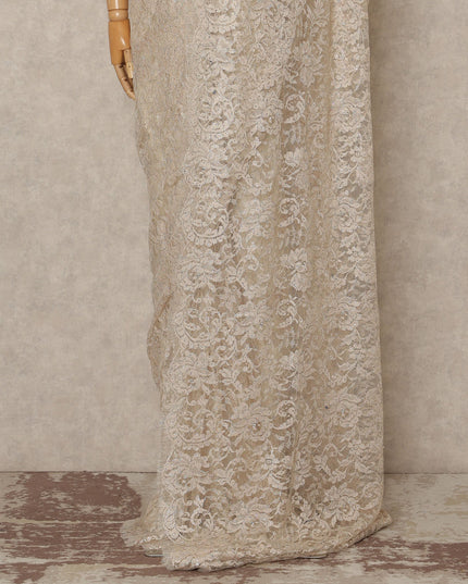 Beige Gold Outline Metallic French Chantilly Saree Lace With Stone Work Elegant Floral Net Design 5.5 Mtrs Length 110 Cms Width Premium Soft Sheer Fabric France Origin-D28902 Regal Fabrics