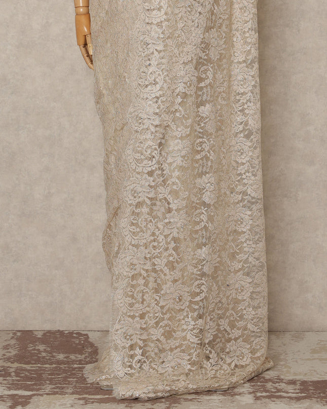 Beige Gold Outline Metallic French Chantilly Saree Lace With Stone Work Elegant Floral Net Design 5.5 Mtrs Length 110 Cms Width Premium Soft Sheer Fabric France Origin-D28902 Regal Fabrics