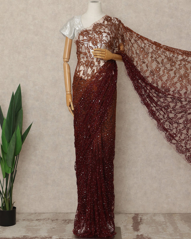 Deep Maroon Rust Premium French Ombre Chantilly Saree Lace With Stone Work 5.5 Mtrs Length 110 Cms Width Designer Net Fabric Made In France, Blouse Not Included-D28105