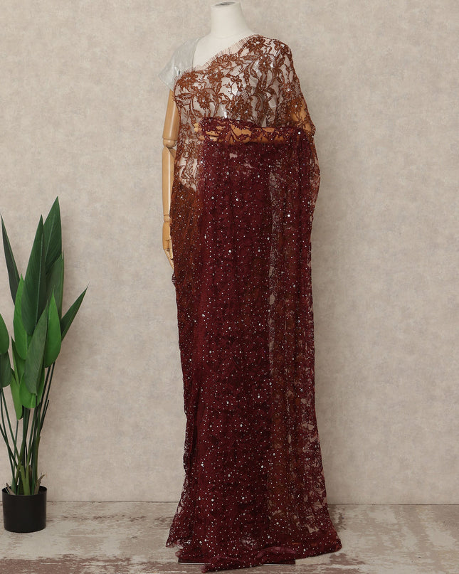 Deep Maroon Rust Premium French Ombre Chantilly Saree Lace With Stone Work 5.5 Mtrs Length 110 Cms Width Designer Net Fabric Made In France, Blouse Not Included-D28105