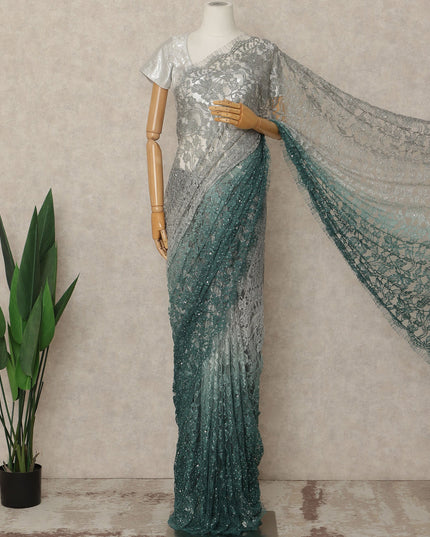 Silver Teal Premium French Ombre Chantilly Saree Lace With Stone Work 5.5 Mtrs Length 110 Cms Width Designer Net Fabric Made In France, Blouse Not Included-D28103 Regal Fabrics