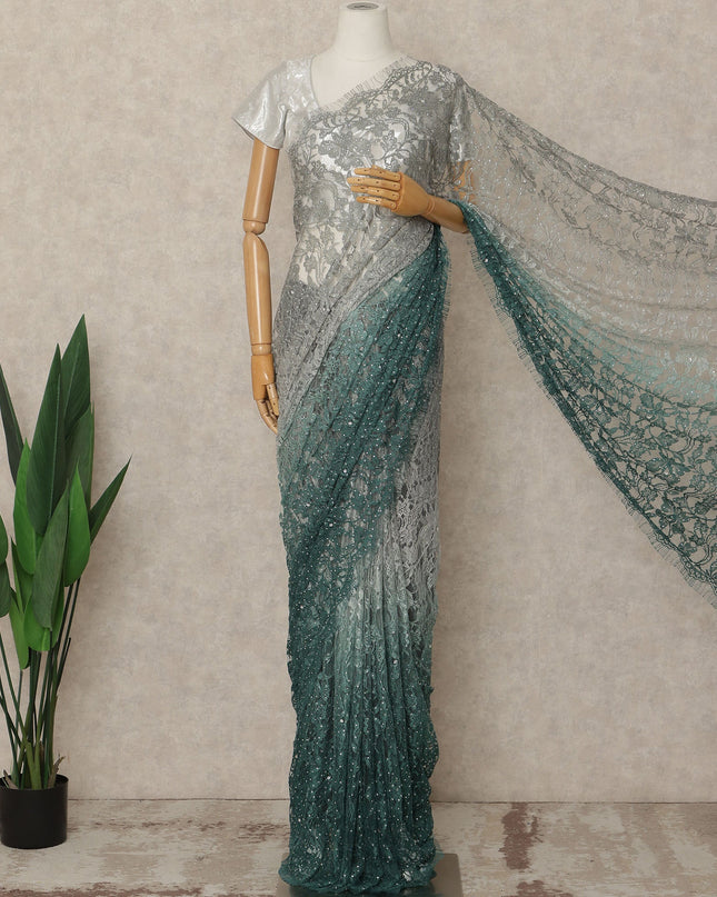 Silver Teal Premium French Ombre Chantilly Saree Lace With Stone Work 5.5 Mtrs Length 110 Cms Width Designer Net Fabric Made In France, Blouse Not Included-D28103