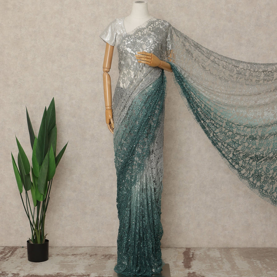 Silver Teal Premium French Ombre Chantilly Saree Lace With Stone Work 5.5 Mtrs Length 110 Cms Width Designer Net Fabric Made In France, Blouse Not Included-D28103 Regal Fabrics