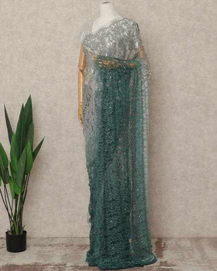 Silver Teal Premium French Ombre Chantilly Saree Lace With Stone Work 5.5 Mtrs Length 110 Cms Width Designer Net Fabric Made In France, Blouse Not Included-D28103 Regal Fabrics