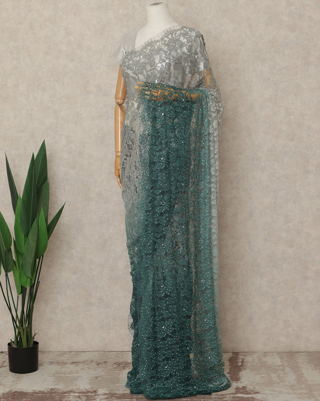Silver Teal Premium French Ombre Chantilly Saree Lace With Stone Work 5.5 Mtrs Length 110 Cms Width Designer Net Fabric Made In France, Blouse Not Included-D28103