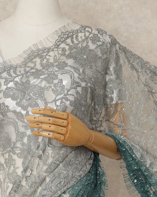 Silver Teal Premium French Ombre Chantilly Saree Lace With Stone Work 5.5 Mtrs Length 110 Cms Width Designer Net Fabric Made In France, Blouse Not Included-D28103