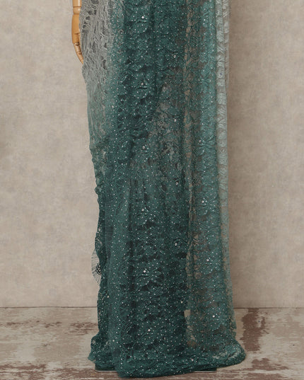 Silver Teal Premium French Ombre Chantilly Saree Lace With Stone Work 5.5 Mtrs Length 110 Cms Width Designer Net Fabric Made In France, Blouse Not Included-D28103 Regal Fabrics