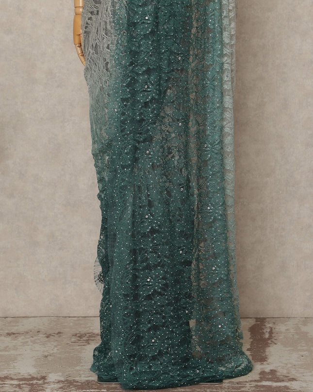 Silver Teal Premium French Ombre Chantilly Saree Lace With Stone Work 5.5 Mtrs Length 110 Cms Width Designer Net Fabric Made In France, Blouse Not Included-D28103