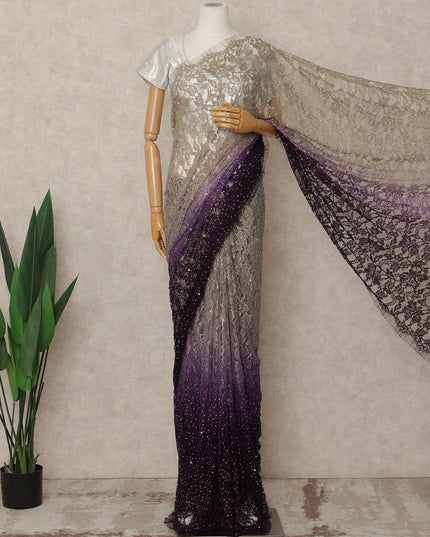 Champagne Plum Premium French Ombre Chantilly Saree Lace With Stone Work 5.5 Mtrs Length 110 Cms Width Designer Net Fabric Made In France, Blouse Not Included-D28106