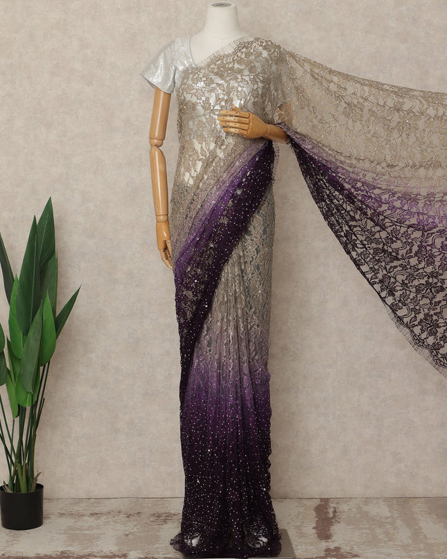 Champagne Plum Premium French Ombre Chantilly Saree Lace With Stone Work 5.5 Mtrs Length 110 Cms Width Designer Net Fabric Made In France, Blouse Not Included-D28106
