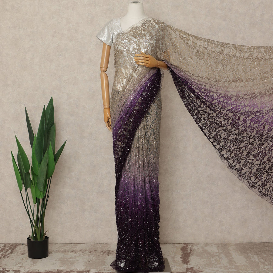 Champagne Plum Premium French Ombre Chantilly Saree Lace With Stone Work 5.5 Mtrs Length 110 Cms Width Designer Net Fabric Made In France, Blouse Not Included-D28106