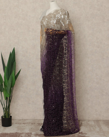 Champagne Plum Premium French Ombre Chantilly Saree Lace With Stone Work 5.5 Mtrs Length 110 Cms Width Designer Net Fabric Made In France, Blouse Not Included-D28106