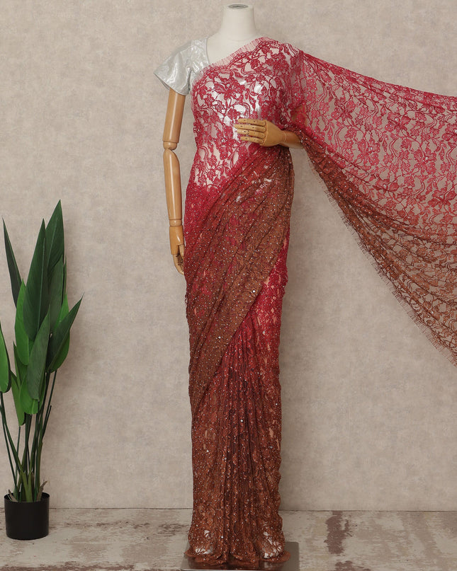 Coral Rust Premium French Ombre Chantilly Saree Lace With Stone Work 5.5 Mtrs Length 110 Cms Width Designer Net Fabric Made In France, Blouse Not Included-D28104