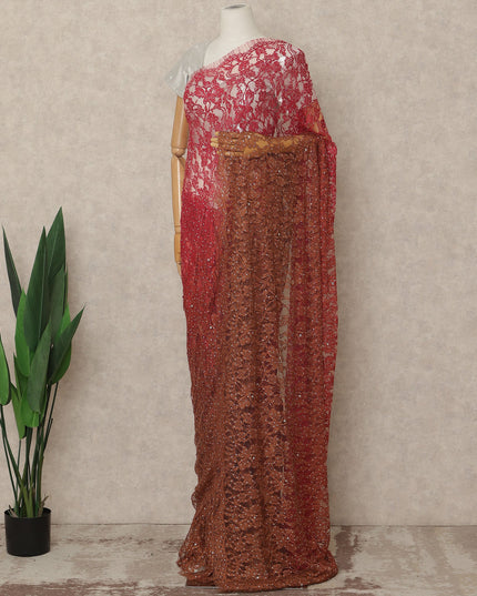 Coral Rust Premium French Ombre Chantilly Saree Lace With Stone Work 5.5 Mtrs Length 110 Cms Width Designer Net Fabric Made In France, Blouse Not Included-D28104 Regal Fabrics