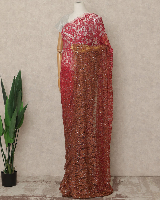 Coral Rust Premium French Ombre Chantilly Saree Lace With Stone Work 5.5 Mtrs Length 110 Cms Width Designer Net Fabric Made In France, Blouse Not Included-D28104