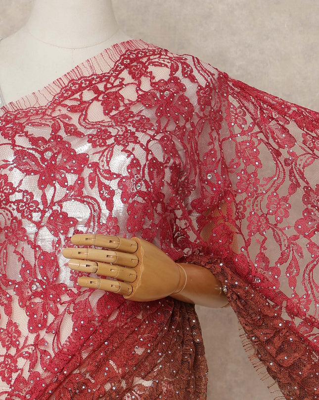 Coral Rust Premium French Ombre Chantilly Saree Lace With Stone Work 5.5 Mtrs Length 110 Cms Width Designer Net Fabric Made In France, Blouse Not Included-D28104