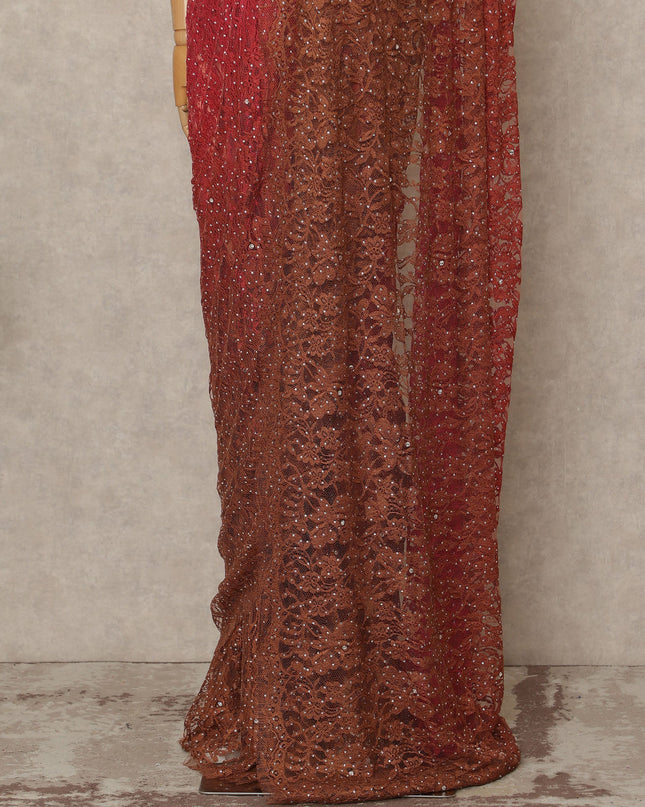 Coral Rust Premium French Ombre Chantilly Saree Lace With Stone Work 5.5 Mtrs Length 110 Cms Width Designer Net Fabric Made In France, Blouse Not Included-D28104