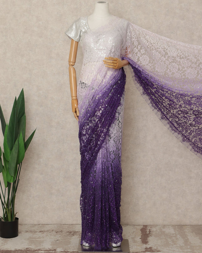 Lavender Purple Premium French Ombre Chantilly Saree Lace With Stone Work 5.5 Mtrs Length 110 Cms Width Designer Net Fabric Made In France, Blouse Not Included-D28101