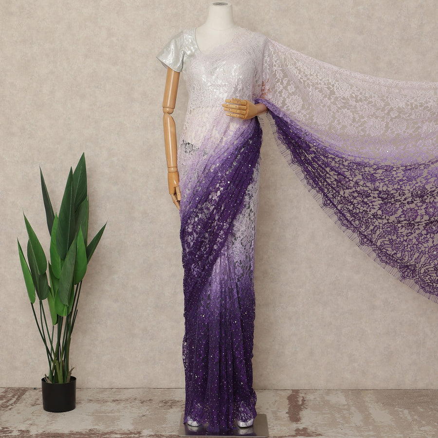 Lavender Purple Premium French Ombre Chantilly Saree Lace With Stone Work 5.5 Mtrs Length 110 Cms Width Designer Net Fabric Made In France, Blouse Not Included-D28101