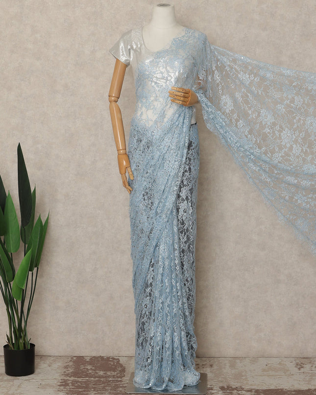 Powder Blue Outline Metallic French Chantilly Saree Lace With Stone Work Elegant Floral Net Design 5.5 Mtrs Length 110 Cms Width Premium Soft Sheer Fabric France Origin-D28899 Regal Fabrics