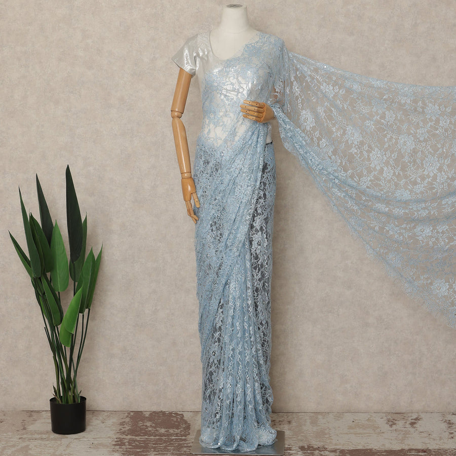 Powder Blue Outline Metallic French Chantilly Saree Lace With Stone Work Elegant Floral Net Design 5.5 Mtrs Length 110 Cms Width Premium Soft Sheer Fabric France Origin-D28899 Regal Fabrics