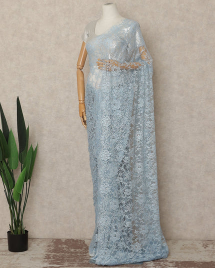 Powder Blue Outline Metallic French Chantilly Saree Lace With Stone Work Elegant Floral Net Design 5.5 Mtrs Length 110 Cms Width Premium Soft Sheer Fabric France Origin-D28899 Regal Fabrics