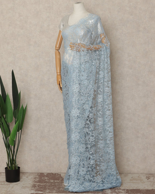 Powder Blue Outline Metallic French Chantilly Saree Lace With Stone Work Elegant Floral Net Design 5.5 Mtrs Length 110 Cms Width Premium Soft Sheer Fabric France Origin-D28899 Regal Fabrics