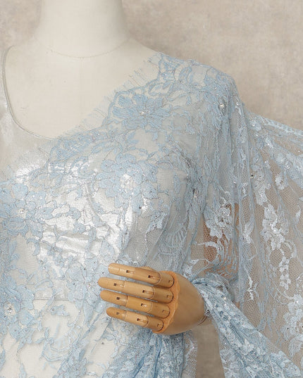 Powder Blue Outline Metallic French Chantilly Saree Lace With Stone Work Elegant Floral Net Design 5.5 Mtrs Length 110 Cms Width Premium Soft Sheer Fabric France Origin-D28899 Regal Fabrics