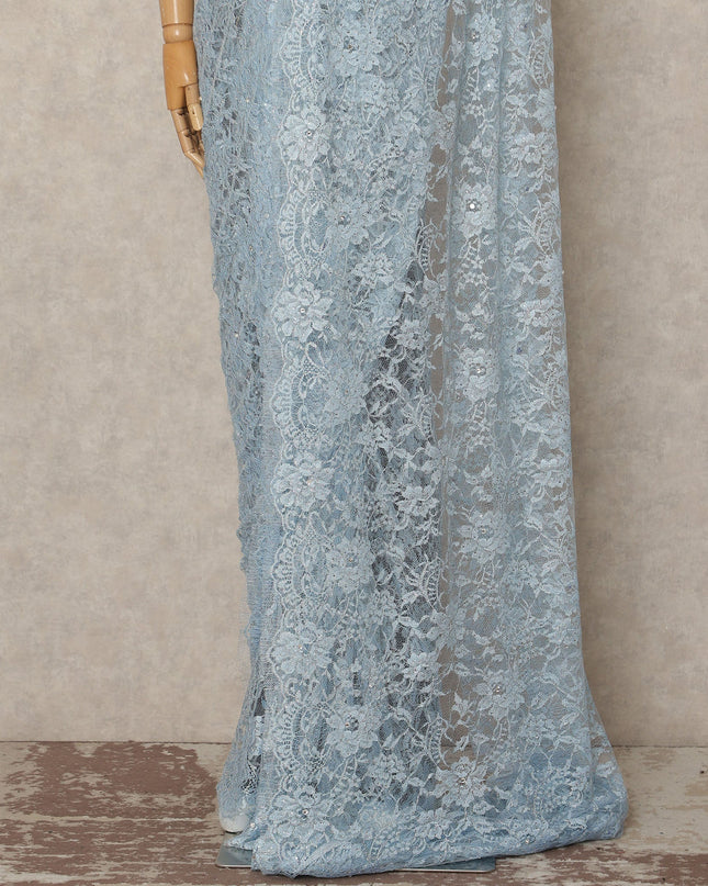 Powder Blue Outline Metallic French Chantilly Saree Lace With Stone Work Elegant Floral Net Design 5.5 Mtrs Length 110 Cms Width Premium Soft Sheer Fabric France Origin-D28899 Regal Fabrics
