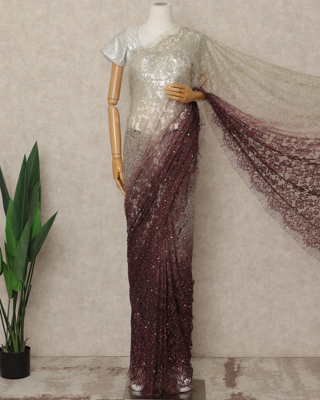 Ivory Wine Premium French Ombre Chantilly Saree Lace With Stone Work 5.5 Mtrs Length 110 Cms Width Designer Net Fabric Made In France, Blouse Not Included-D28102