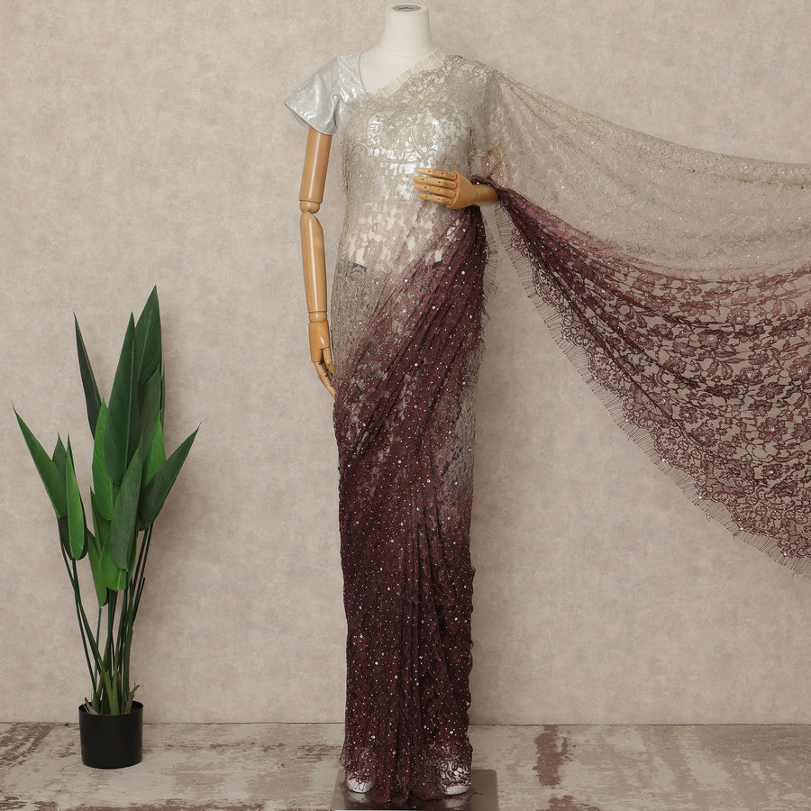 Ivory Wine Premium French Ombre Chantilly Saree Lace With Stone Work 5.5 Mtrs Length 110 Cms Width Designer Net Fabric Made In France, Blouse Not Included-D28102