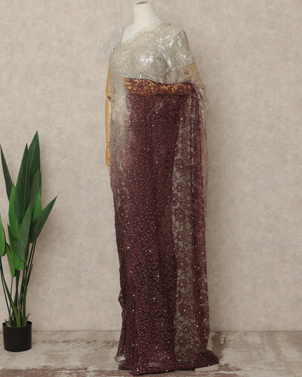 Ivory Wine Premium French Ombre Chantilly Saree Lace With Stone Work 5.5 Mtrs Length 110 Cms Width Designer Net Fabric Made In France, Blouse Not Included-D28102